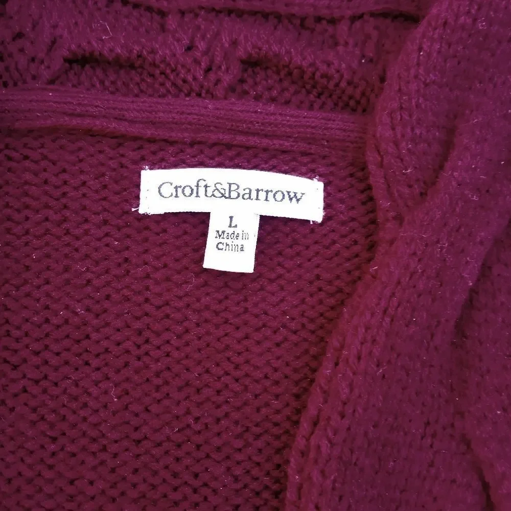 CROFT & BARROW L Knitted Burgundy Open Front Raglan Long Sleeve Cardigan Sweater